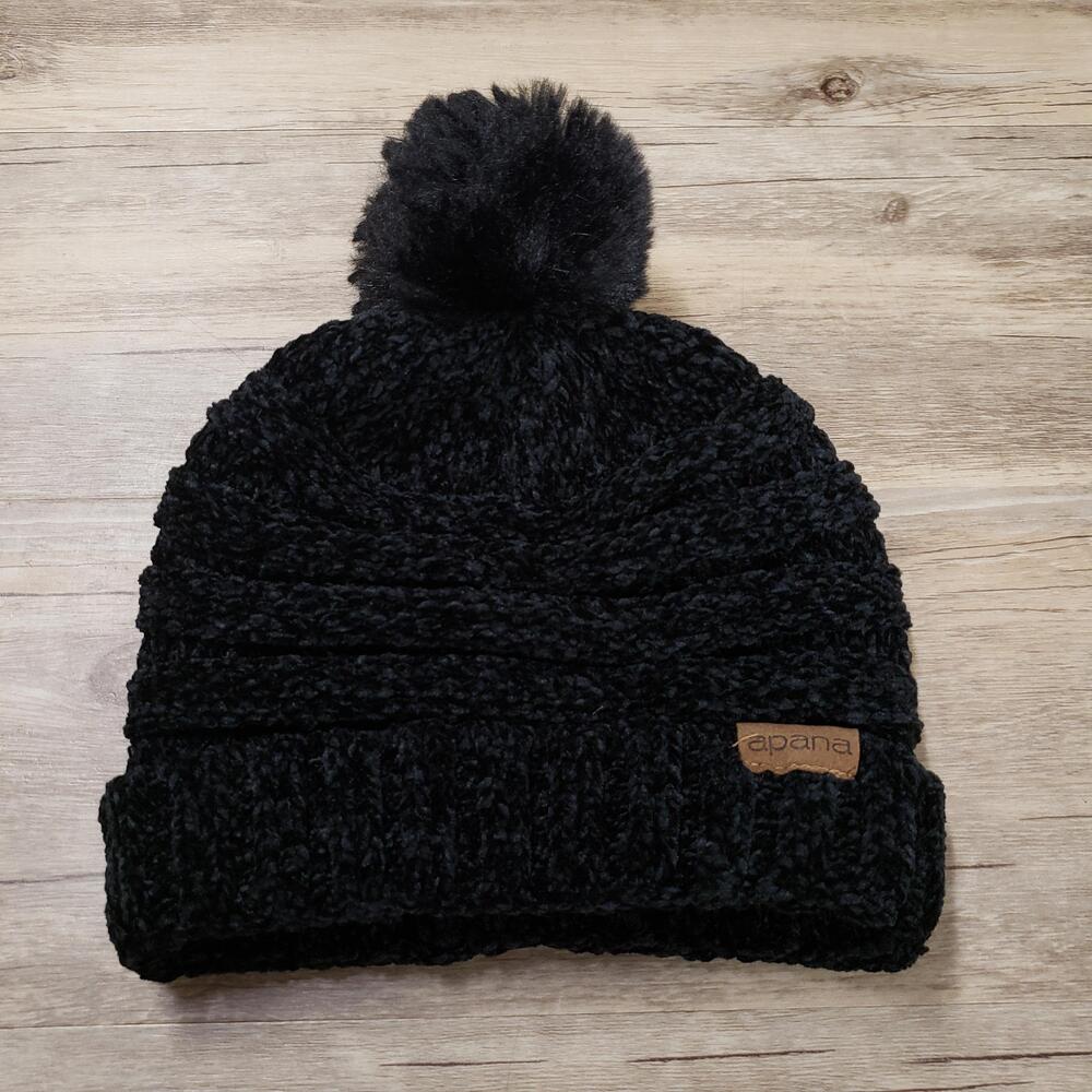Apana Hat Beanie Womens One Size Black Pom Chunky Knit Soft Winter Warm Cozy